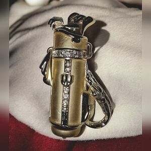 Vintage AJC Gold Tone Signed Golf Bag Brooch With Clear Rhinestones